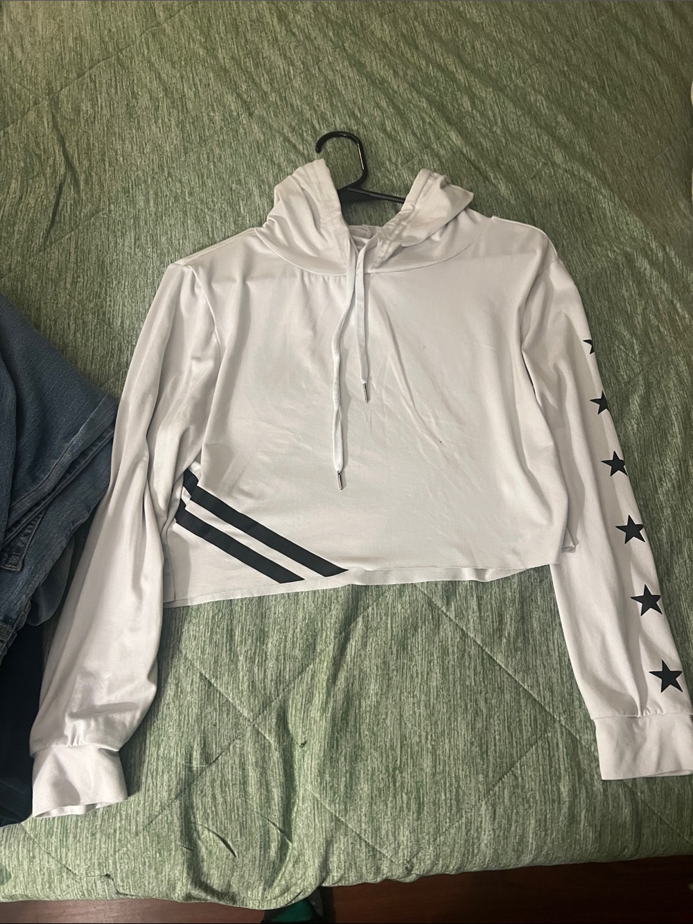 Rainbow White Cropped Hoodie with Black Star Sleeve and Stripe